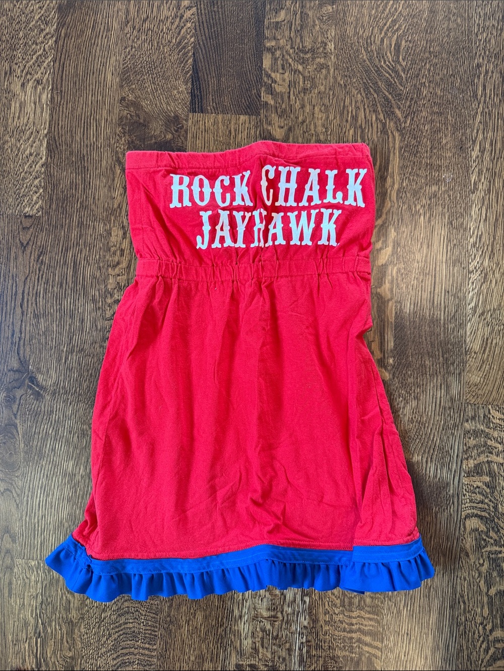 Red 'Rock Chalk Jayhawk' Strapless Dress with Blue Ruffle